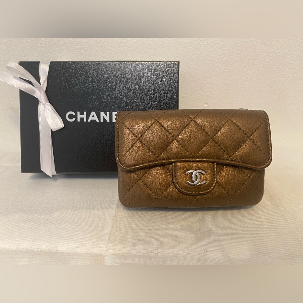 Authentic Chanel Quilted Caviar Card/Coin Mini Wallet